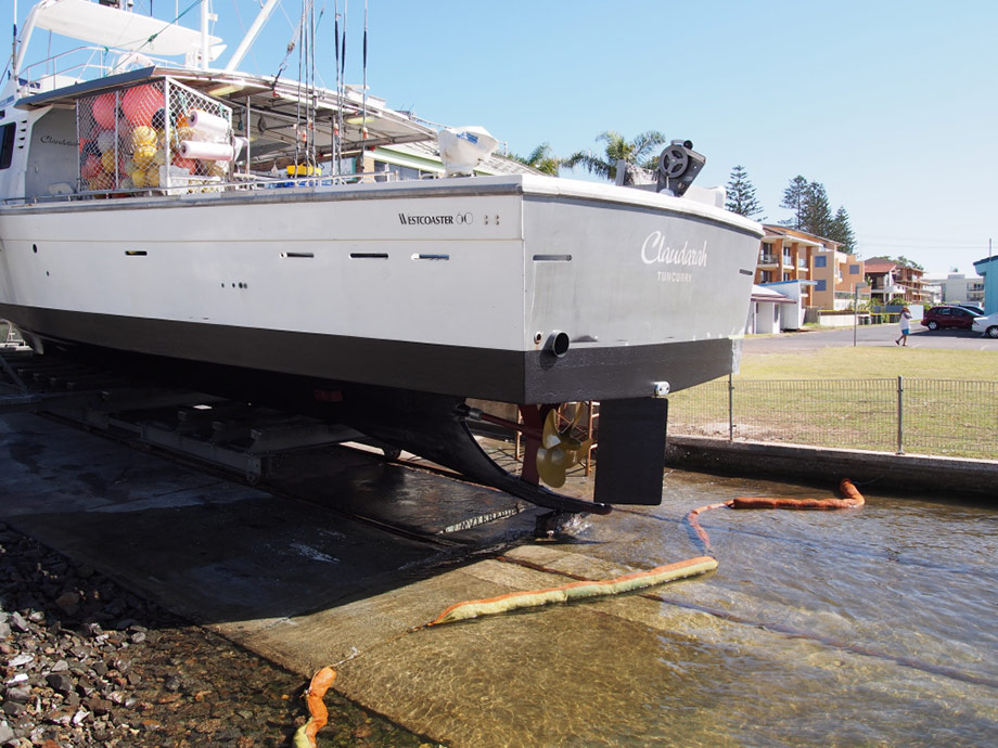 Commercial fishing vessel in Tuncurry NSW. Vessel bottom water blasted and painted with antifoul. Blasted prop and painted with Propspeed.