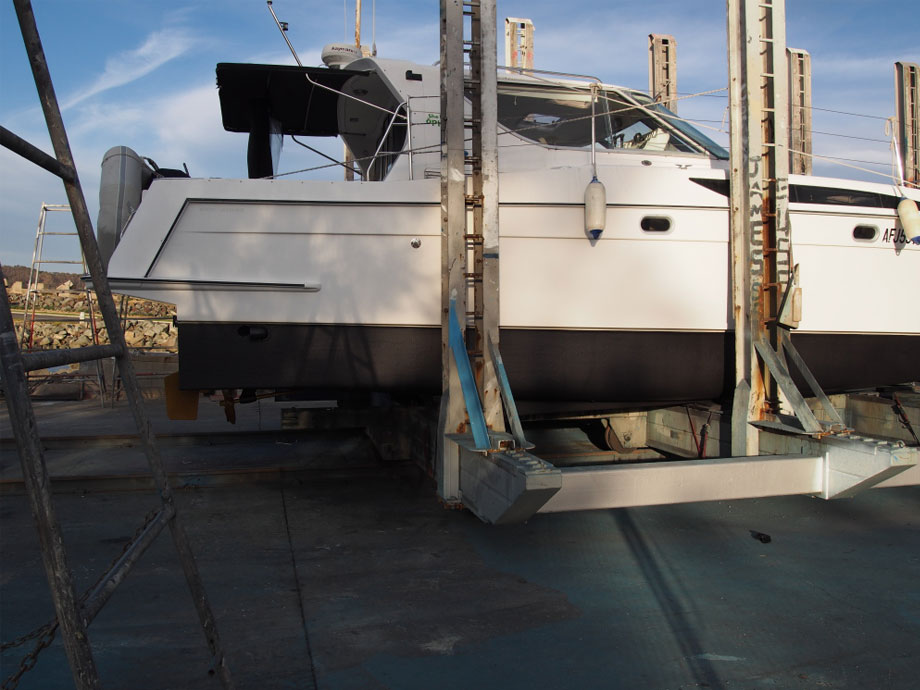 Starboard view power cat ready for launch